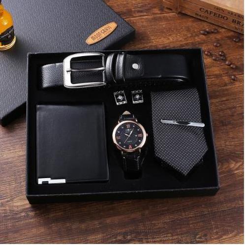 Men's Watch Gift Set Business Fashion Dual Display Quartz Watch Belt Wallet Tie Set