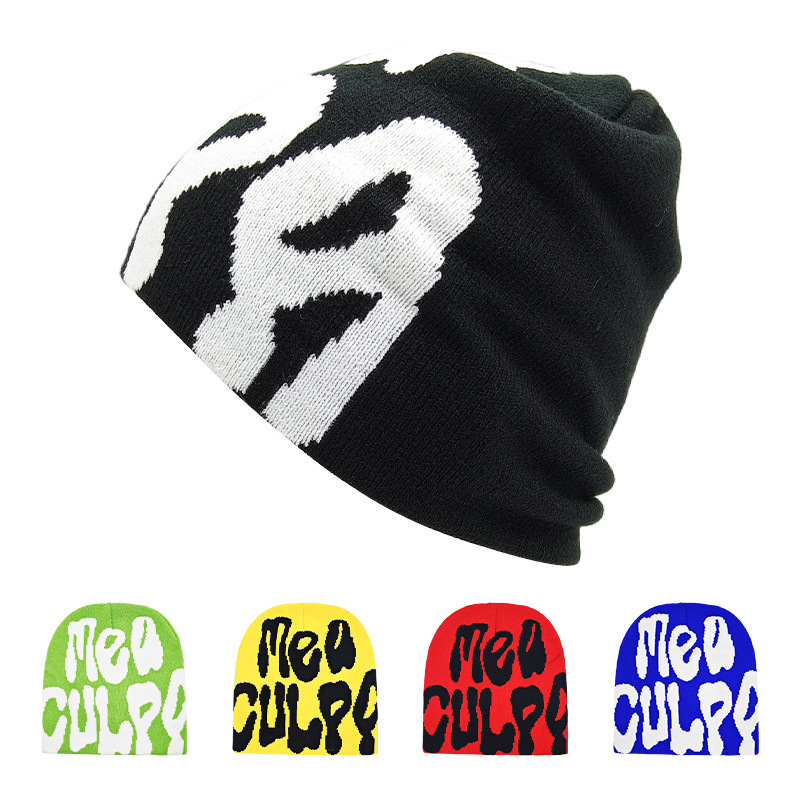 Low MOQ Custom Beanie Manufacturers All Over Print Jacquard Y2K Gothic No Cuff Fold Cuffless Winter Skull Cap Knit Hat With Logo