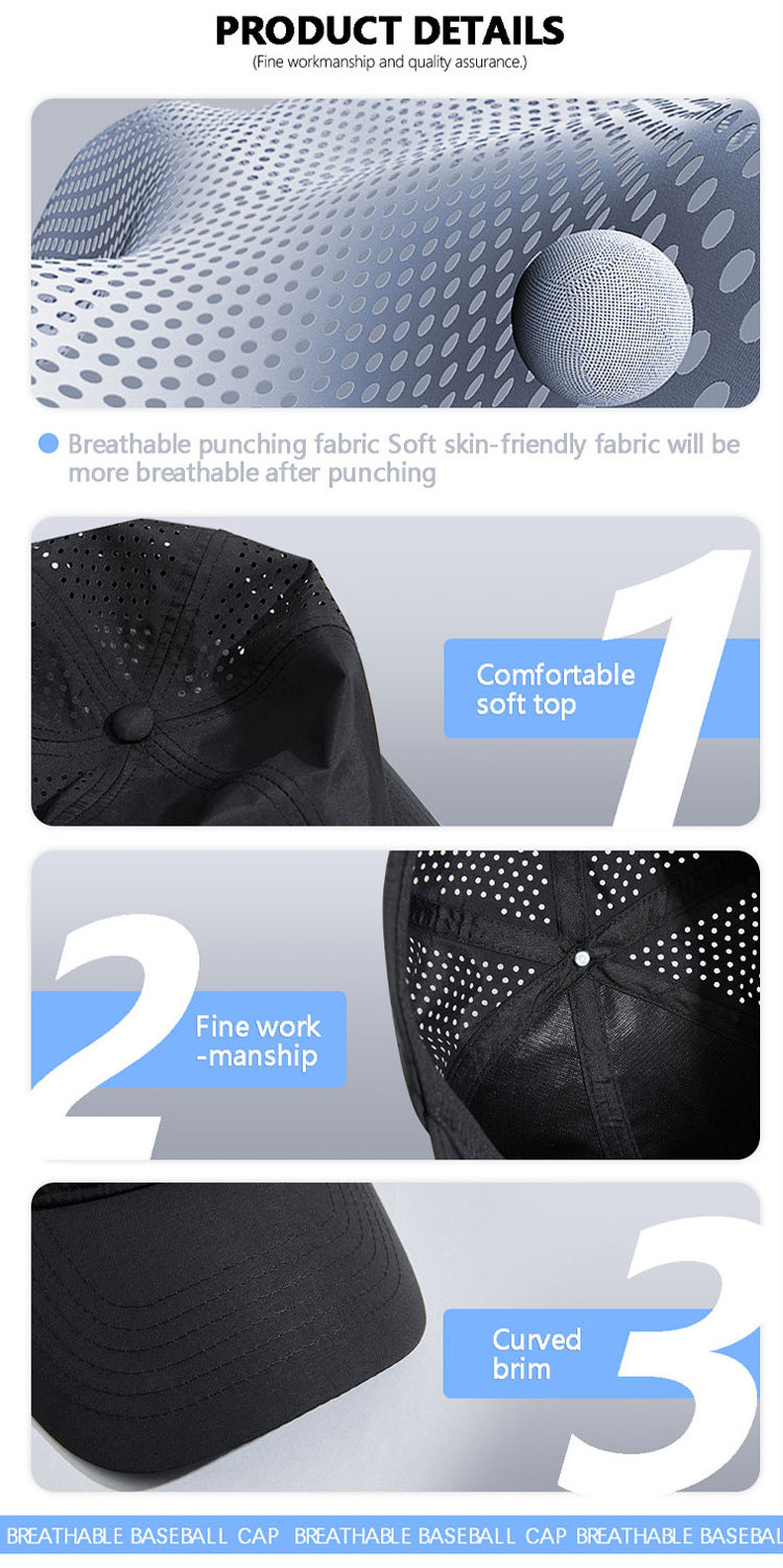 Breathable Waterproof Sport Performance Mesh Polyester Laser Cut Hole Perforated Golf Hat Custom Blank Baseball Cap