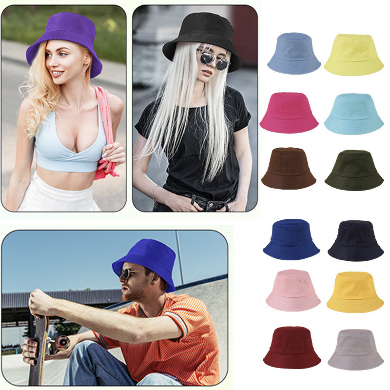 Wholesale Bulk Custom Embroidery Logo Women Cotton Bucket Cap Double-sided Summer Fisherman Reversible Sun Bucket Hat