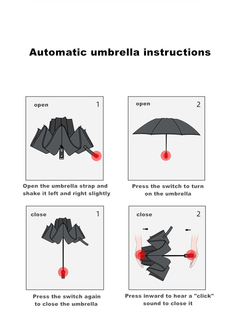 Three fold button innovative solar umbrella with reflective strip to automatic open and close LED light reverse rain umbrella