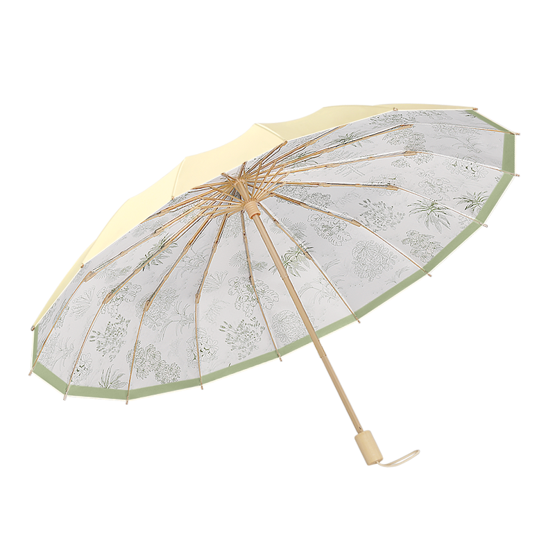 Handmade Maple Handle Quickly Dry Pattern Printing UV Protection Coating 3 fold Umbrella 16K