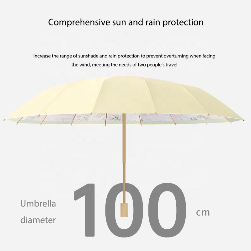 Handmade Maple Handle Quickly Dry Pattern Printing UV Protection Coating 3 fold Umbrella 16K