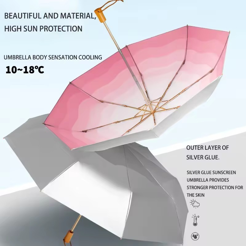 Luxury Upf50+ 8k Umbrellas Rainy Pocket Light 3 Folding Umbrella For Women silver Uv Flat Handle Umbrella