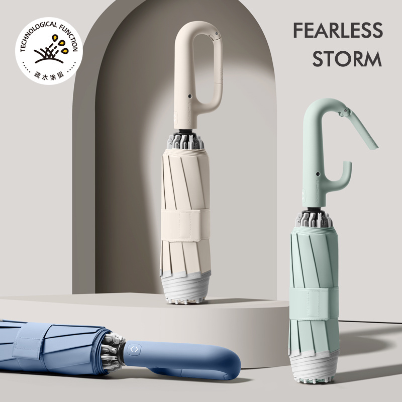 New Product Easy Carry Unique Wholesales reverse 3 Folding Umbrella With Hook Loop Lock Handle