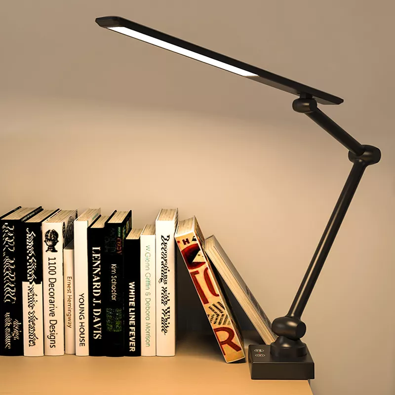 Stepless Dimming Metal Swing Arm Desk Light 3 Modes 45 Minutes Timer Clip Light Charge Table Lamp With Long Arm