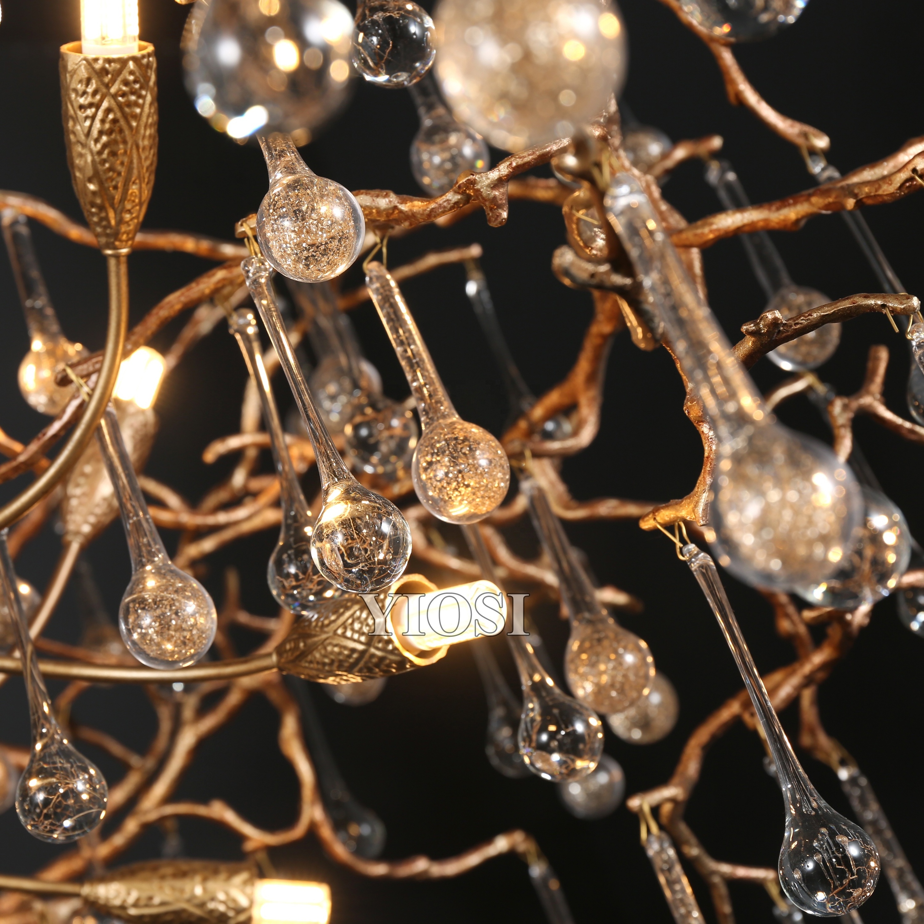 Indoor branch chandelier small water drop branch light gold powder drop branch chandelier