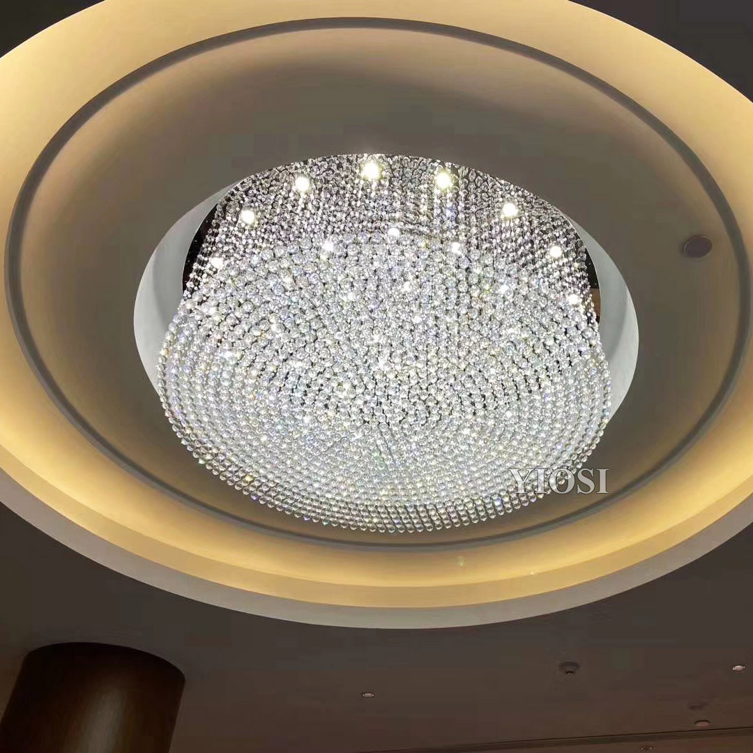 Round luxury crystal flush mount ceiling modern chandelier for Lobby room