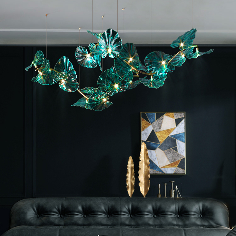 Green Glass Leaves Art Pendant Lights For Island Hotel Restaurant Chandeliers Led Hanging Ceiling Lamp