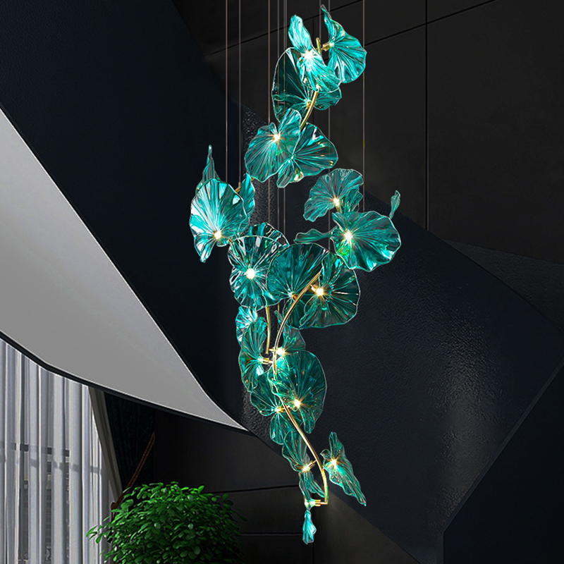 Green Glass Leaves Art Pendant Lights For Island Hotel Restaurant Chandeliers Led Hanging Ceiling Lamp