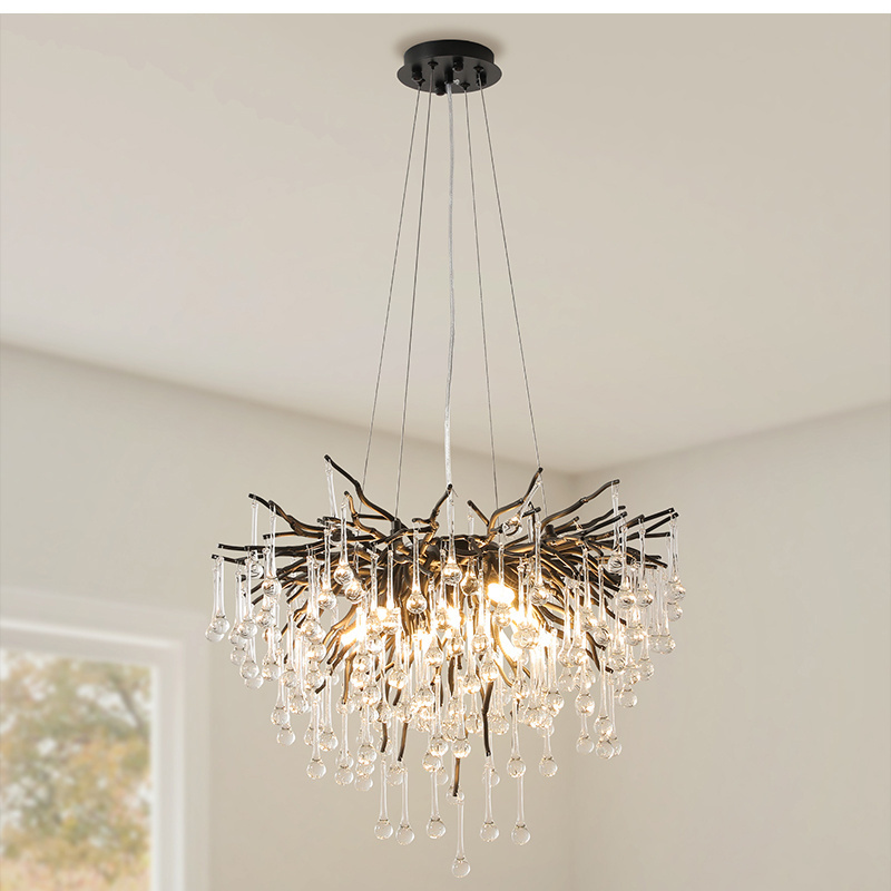 Round Tree Twig Branch Modern Farmhouse Accent Dining Table Living Room  Crystal Chandelier Pendant Lighting Fixture