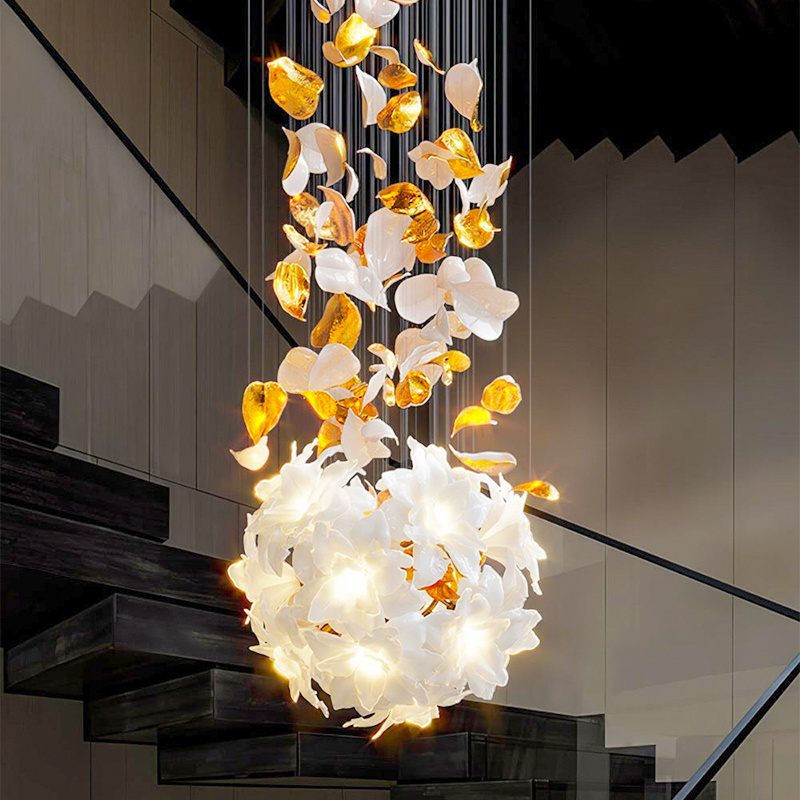 Custom Made Large Indoor Decoration Project Ceramic Flower Pendant Lights Fixture Hotel Villa Modern Led Chandelier