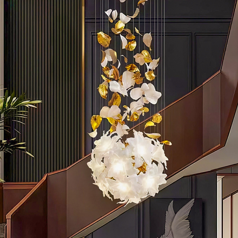 Custom Made Large Indoor Decoration Project Ceramic Flower Pendant Lights Fixture Hotel Villa Modern Led Chandelier