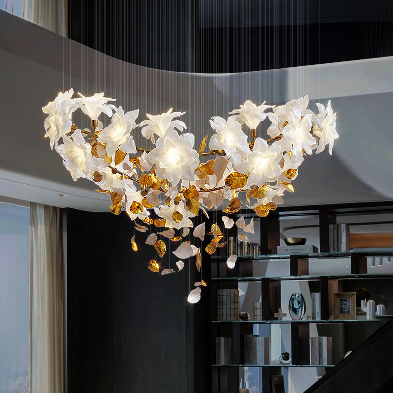 Elegant Design Indoor Decoration Custom Ceramic Flower Modleling Villa Staircase Wedding Led Chandelier Pendant Light