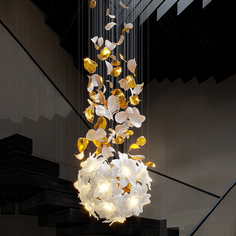 Elegant Design Indoor Decoration Custom Ceramic Flower Modleling Villa Staircase Wedding Led Chandelier Pendant Light