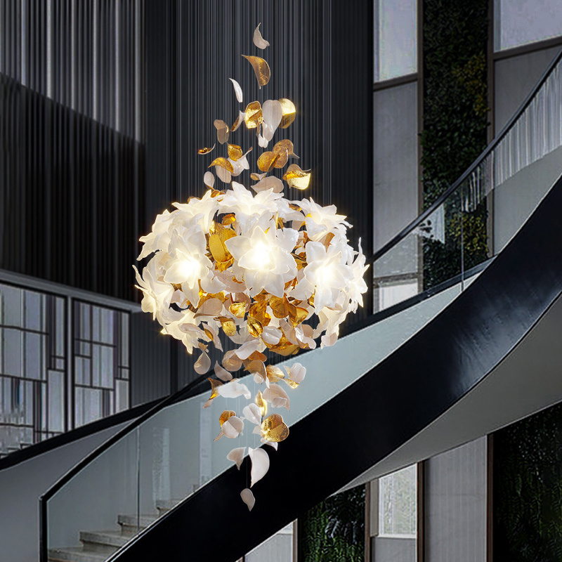 Elegant Design Indoor Decoration Custom Ceramic Flower Modleling Villa Staircase Wedding Led Chandelier Pendant Light