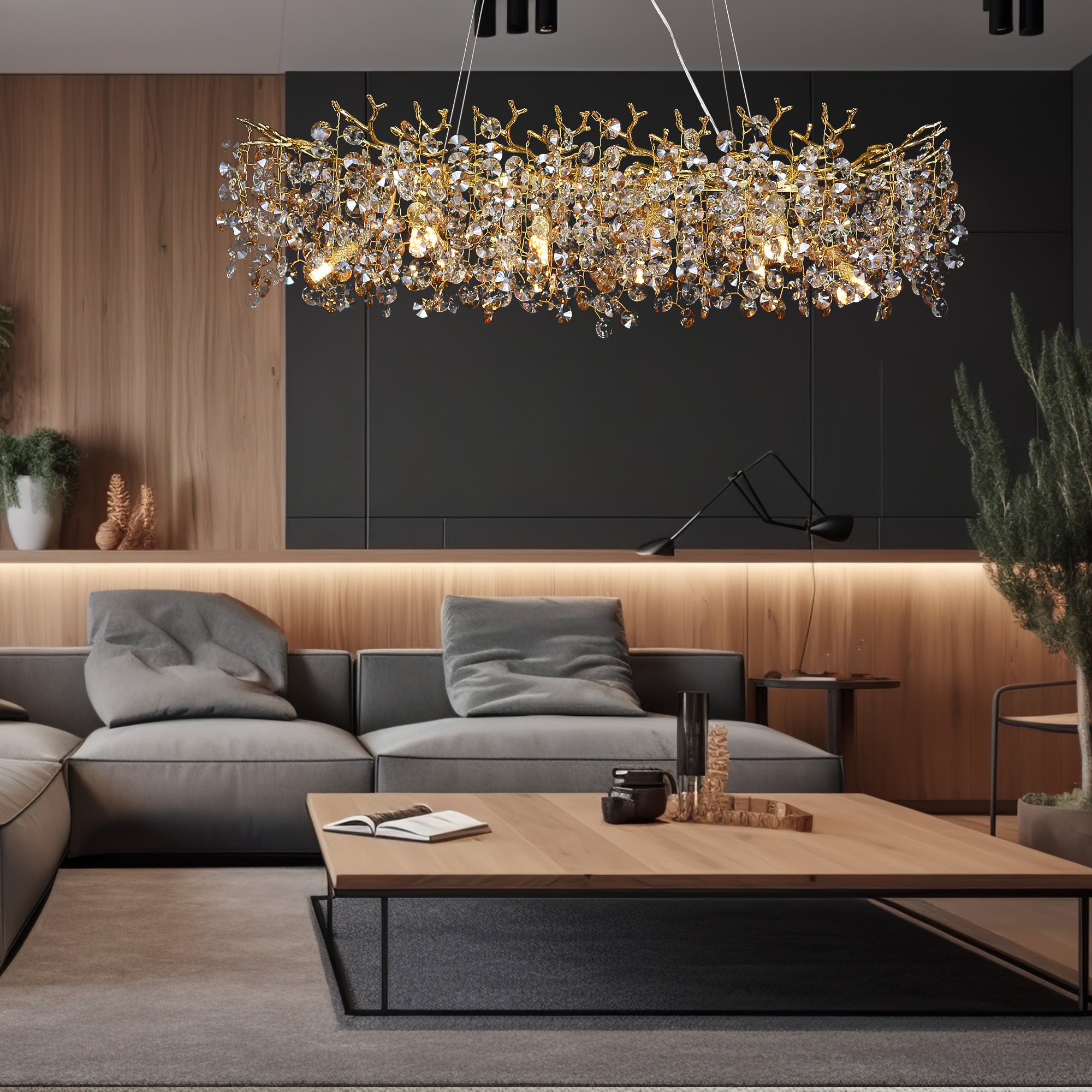 Deluxe Gold Decorative Design Branches Chandelier Villa Bedroom Lighting 1500Mm 1800Mm Suspended Led Linear Pendant Light