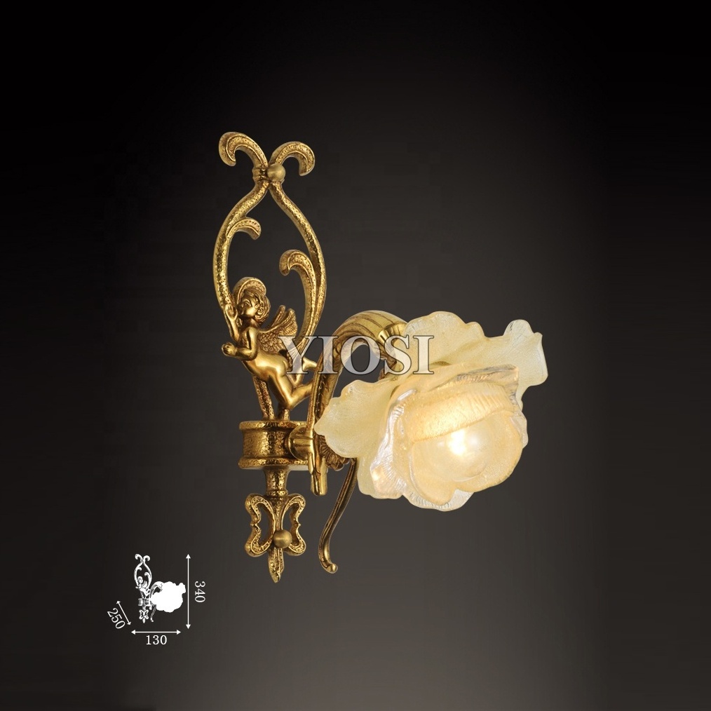 European retro antique brass flower hotel living room stair corridor wall bracket light lamp plug in