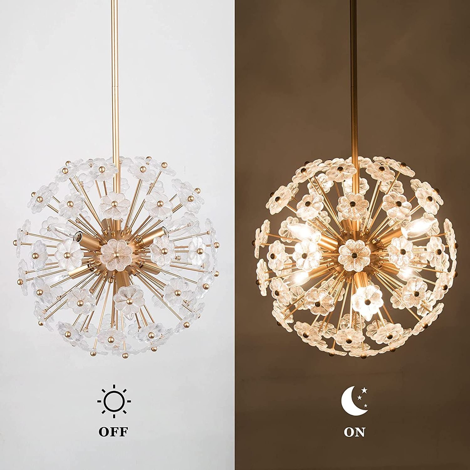 Gold Modern Chandelier, Sputnik Chandelier with Crystal Flowers, Contemporary Dandelion Pendant Light Fixture