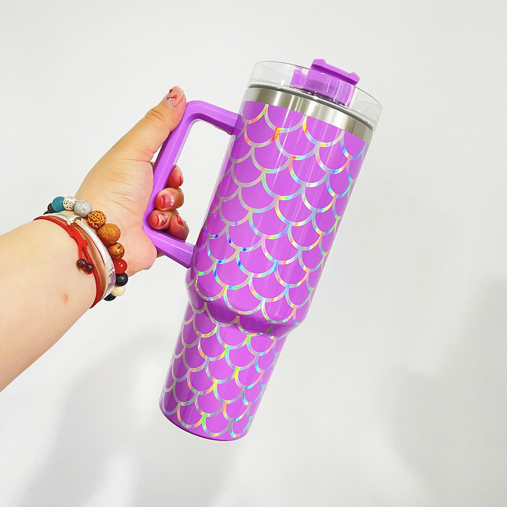 holographic fish scales print travel mug 40oz Fish Scale Tumbler Stainless Steel Double Insulated Cup with straw