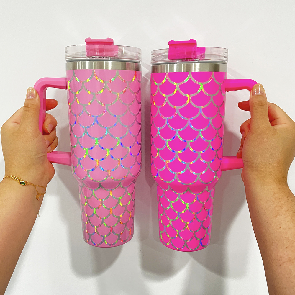 holographic fish scales print travel mug 40oz Fish Scale Tumbler Stainless Steel Double Insulated Cup with straw