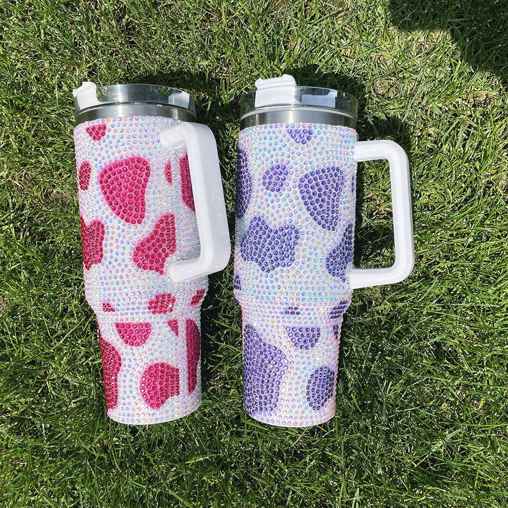 Cow Print 40 Oz Rhinestone Studded Bling Tumbler vacuum insulated stainless steel Rhinestone Cow Print Tumbler with handle