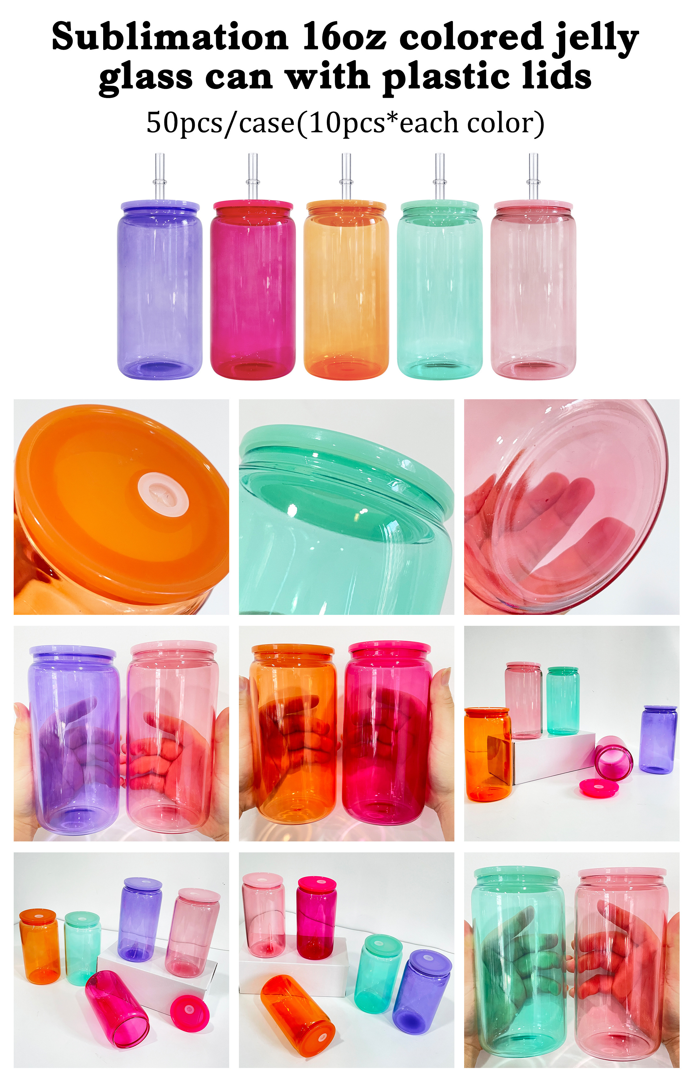 Recyclable Unbreakable Drinking Glasses Borosilicate 16oz sublimation colored clear glass can with colorful plastic lids