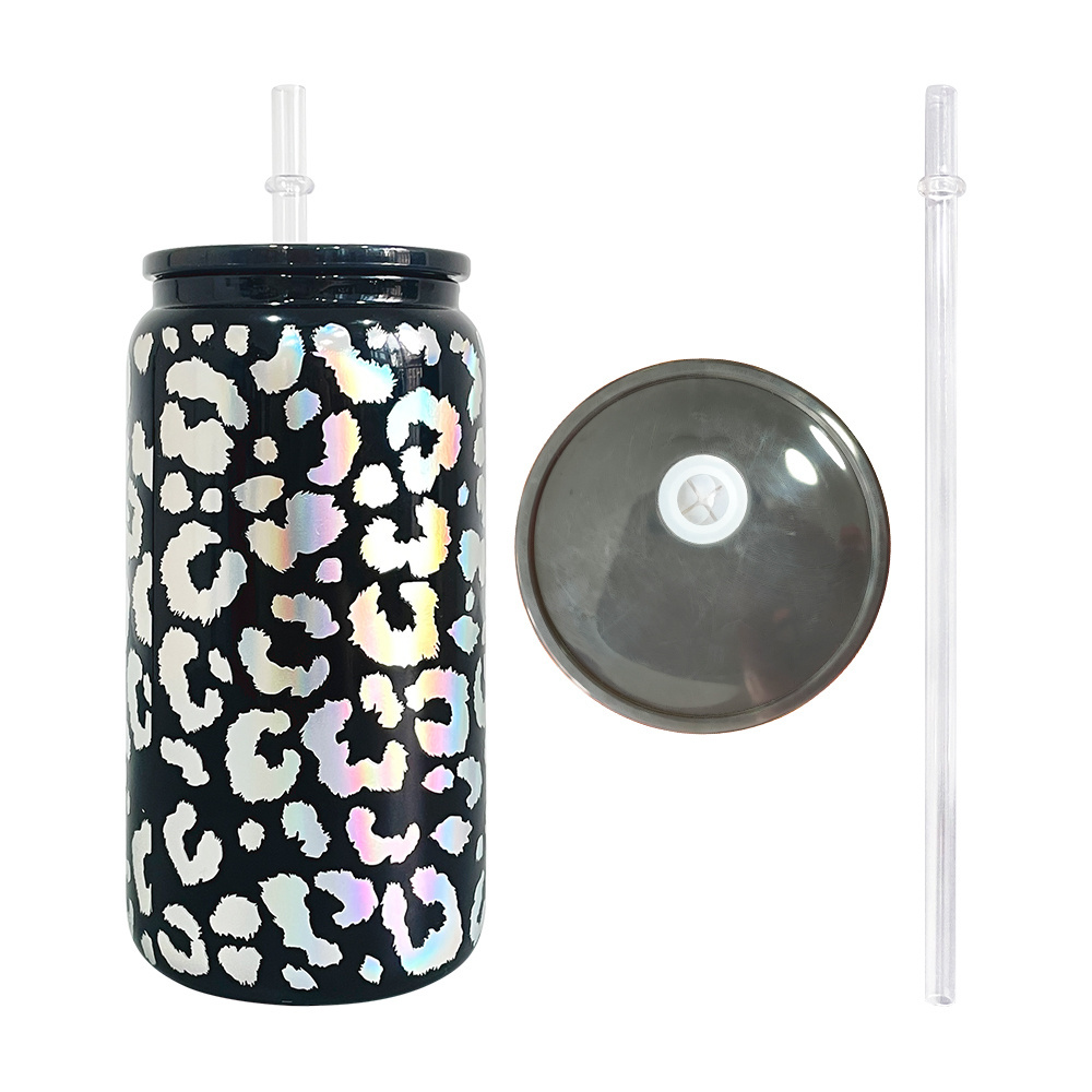 Holographic Leopard cheetah print soda can glass Borosilicate Beer Can Glass Cups Leopard 16oz coffee cups with plastic straw