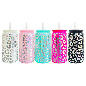 Holographic Leopard cheetah print soda can glass Borosilicate Beer Can Glass Cups Leopard 16oz coffee cups with plastic straw