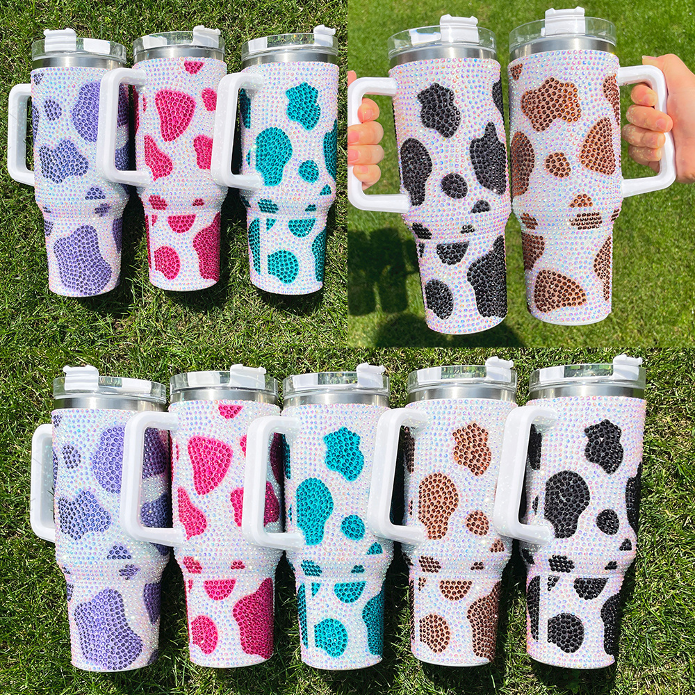 Cow Print 40 Oz Rhinestone Studded Bling Tumbler vacuum insulated stainless steel Rhinestone Cow Print Tumbler with handle