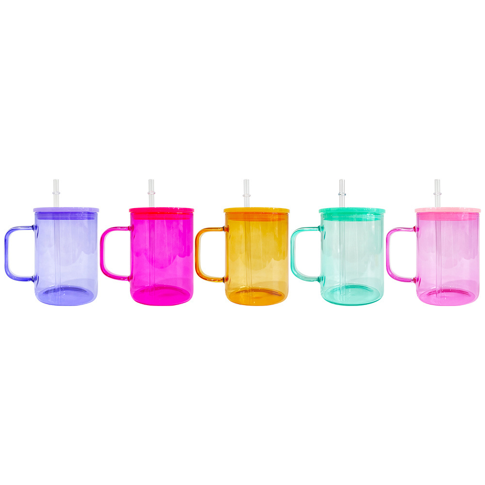 Wholesale bulk colored jelly clear 17oz Glass Mug blank sublimation hot chocolate and coffee glass coffee mugs with PP lid