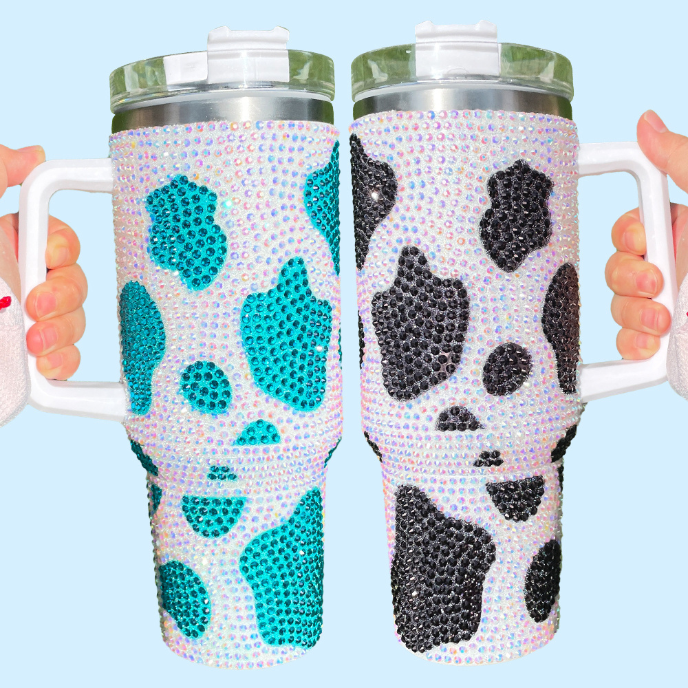 Cow Print 40 Oz Rhinestone Studded Bling Tumbler vacuum insulated stainless steel Rhinestone Cow Print Tumbler with handle