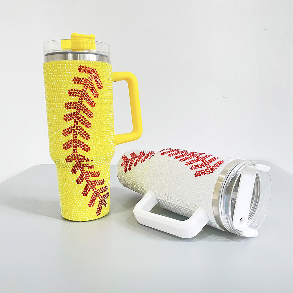 wholesale bulk 40oz Rhinestone baseball Print Tumbler Stainless Steel travel coffee mug water bottle With Handle and Straw