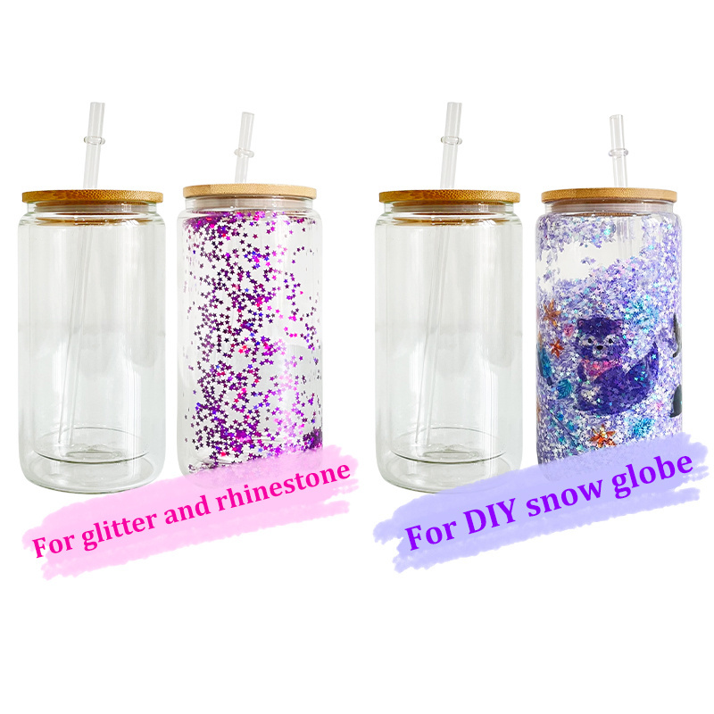 USA warehouse 15oz 20oz skinny straight snow globe glitter glass can glass tumbler iced coffee soda glass cups For DIY printing