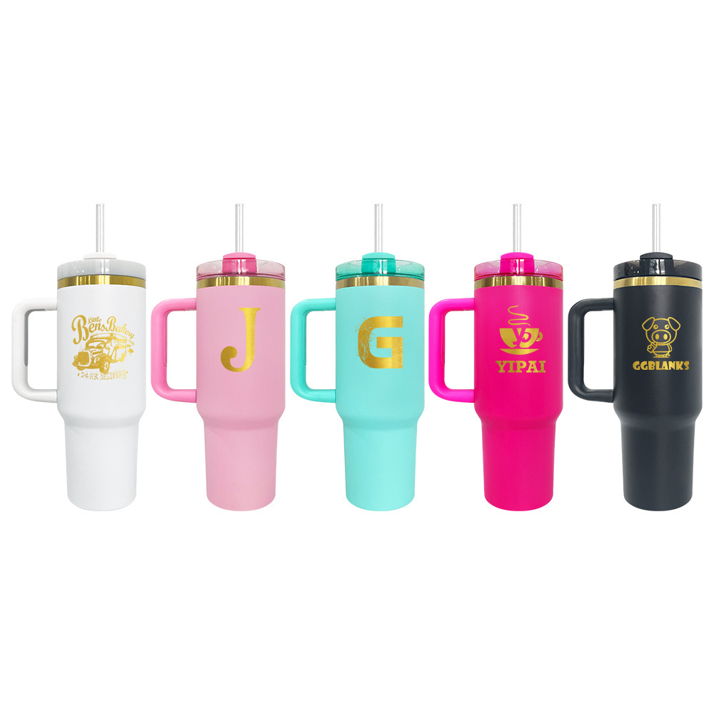 USA warehouse wholesale H2.0 powder coated 40oz gold plated quencher tumbler coffee mugs cups with handle for engraved