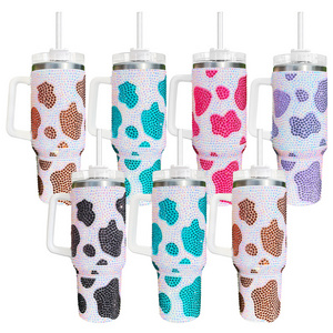 Cow Print 40 Oz Rhinestone Studded Bling Tumbler vacuum insulated stainless steel Rhinestone Cow Print Tumbler with handle