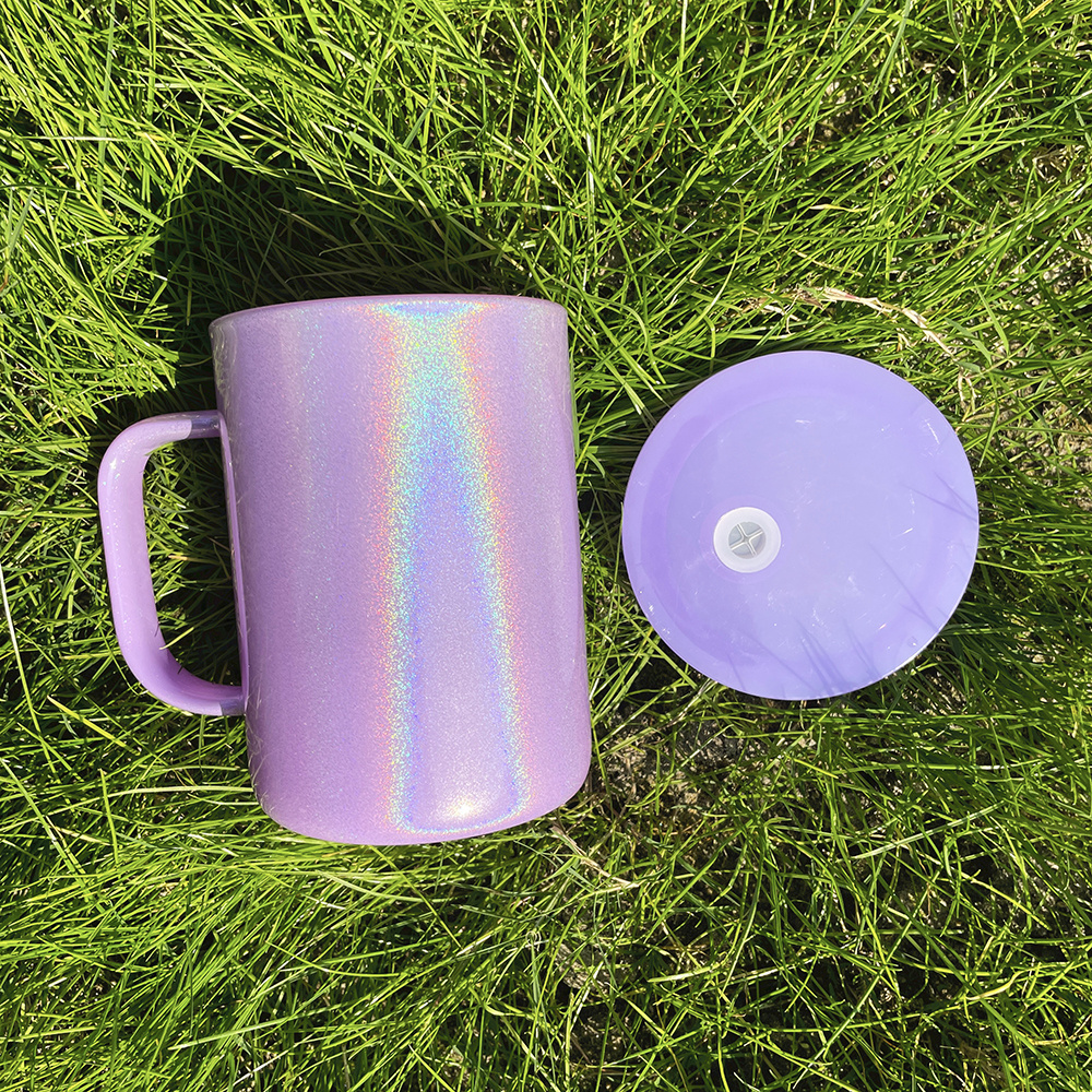 USA warehouse holographic sublimation 17oz shimmer glitter colored glass coffee mugs with pp lids