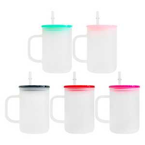 Wholesale 17oz clear frosted sublimatable glass coffee mug with pp lids and straws for sublimation printing