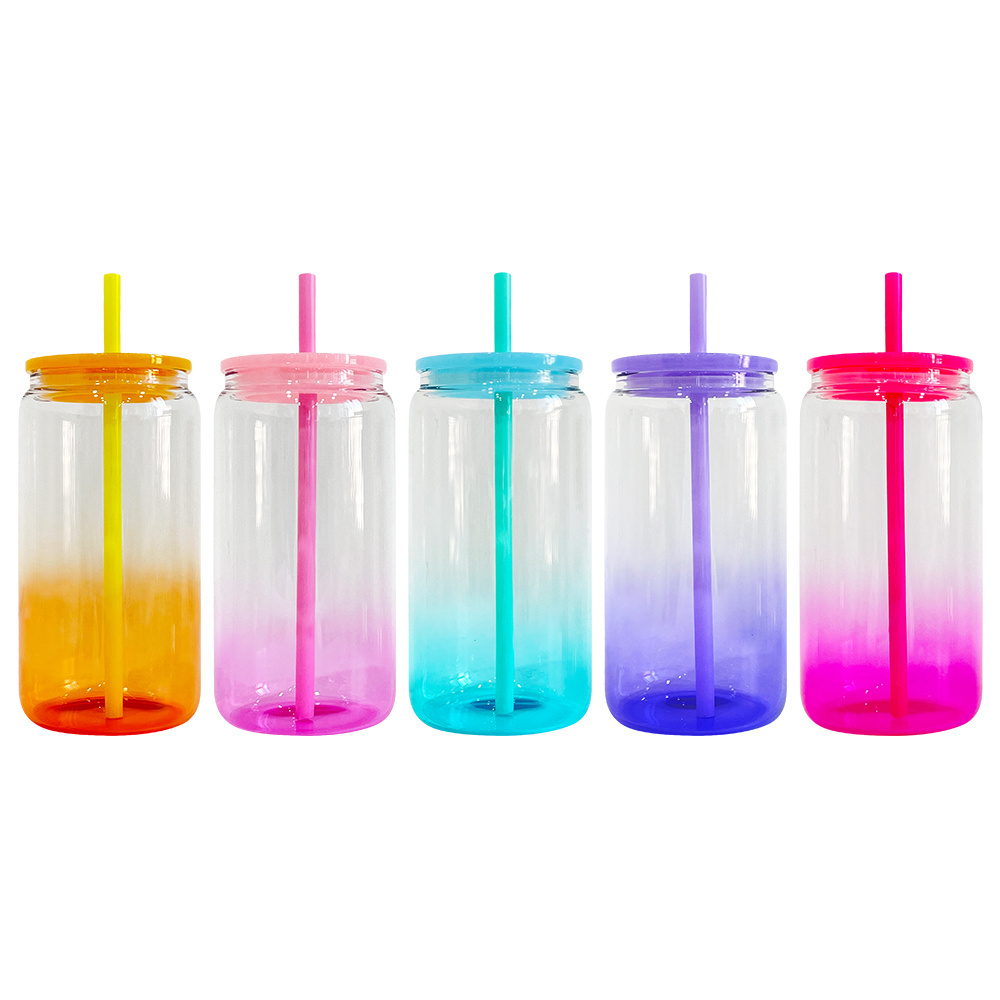 Blank sublimation clear colored Can Shaped 16oz ombre gradient jelly beer glass with colorful plastic lids for UV DTF wraps