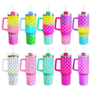 USA warehouse Wholesale double walled stainless steel tumbler 40oz holographic fish scales print travel mug with straw