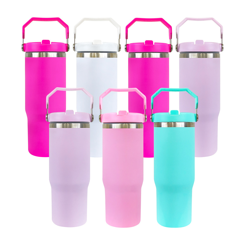 Double wall stainless steel insulated blank sublimation flip straw 30oz matte macaron travel sports water bottle with handle