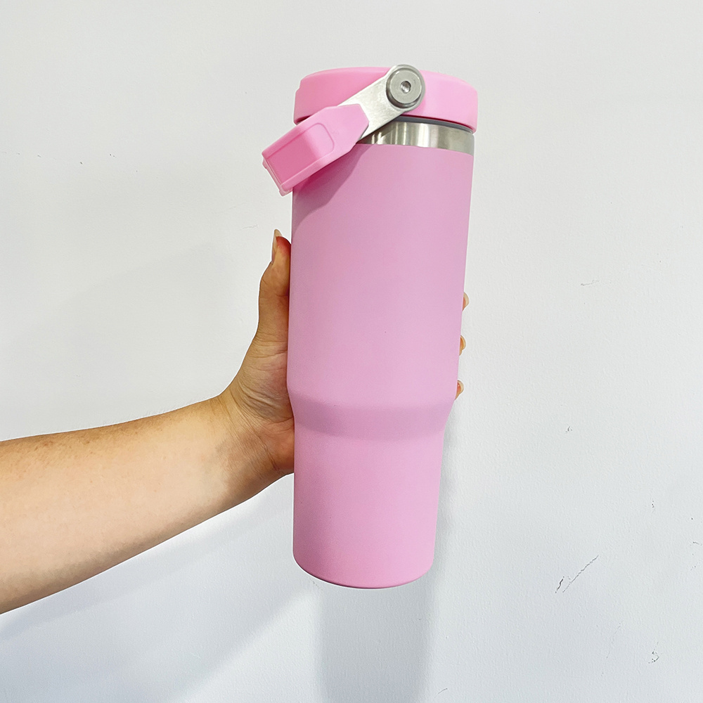 Double wall stainless steel insulated blank sublimation flip straw 30oz matte macaron travel sports water bottle with handle