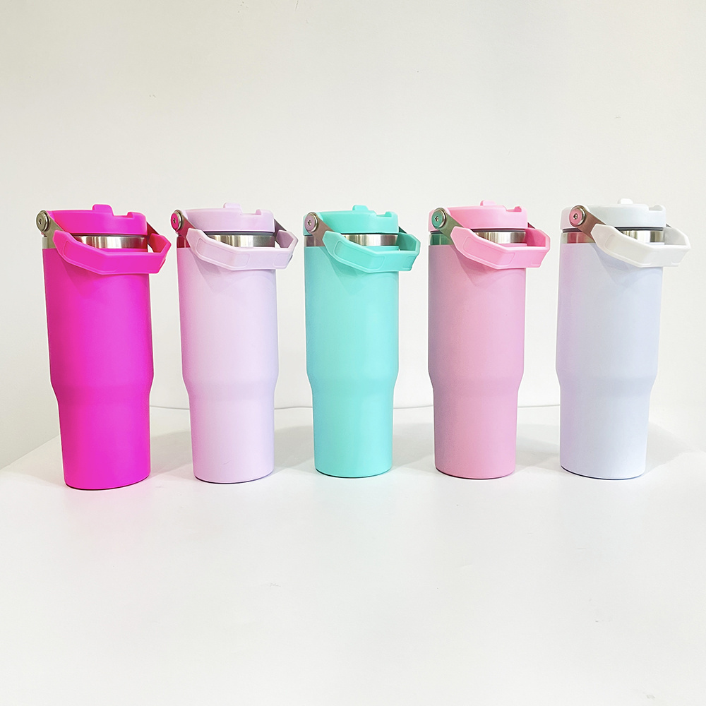 Double wall stainless steel insulated blank sublimation flip straw 30oz matte macaron travel sports water bottle with handle