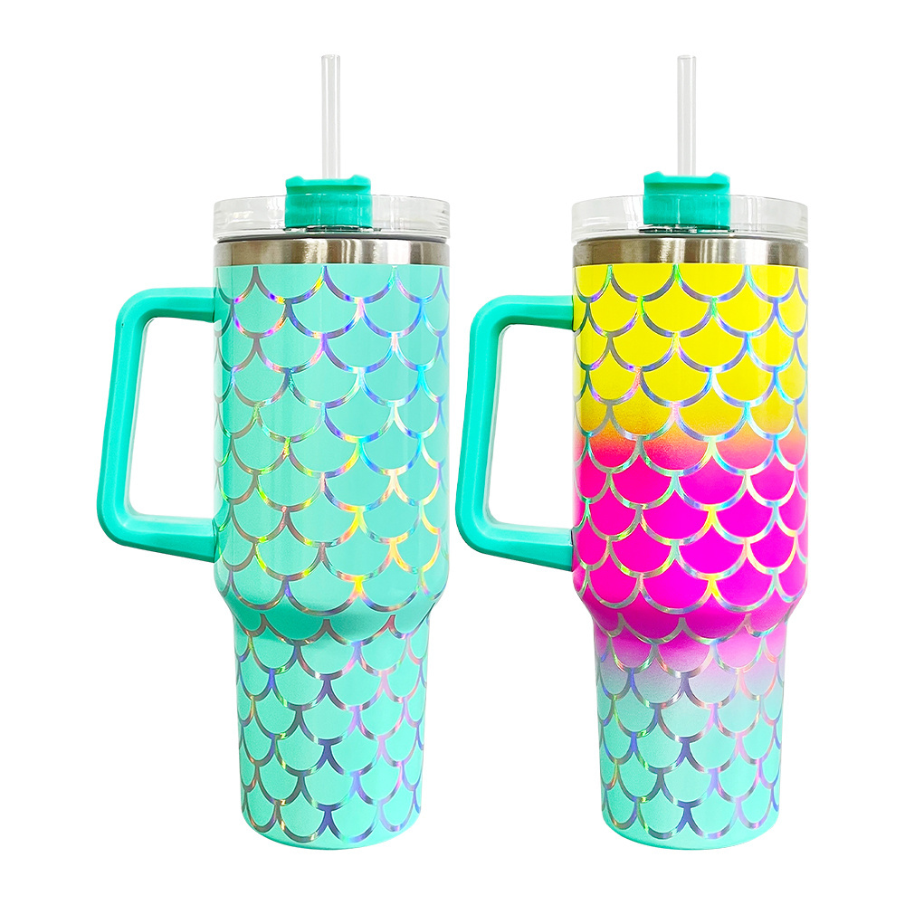 USA warehouse Wholesale double walled stainless steel tumbler 40oz holographic fish scales print travel mug with straw