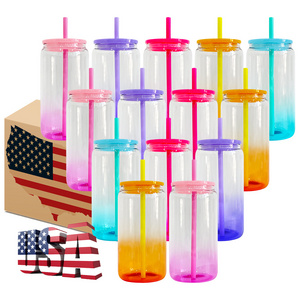 Blank sublimation clear colored Can Shaped 16oz ombre gradient jelly beer glass with colorful plastic lids for UV DTF wraps