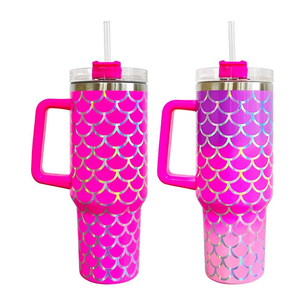 USA warehouse Wholesale double walled stainless steel tumbler 40oz holographic fish scales print travel mug with straw