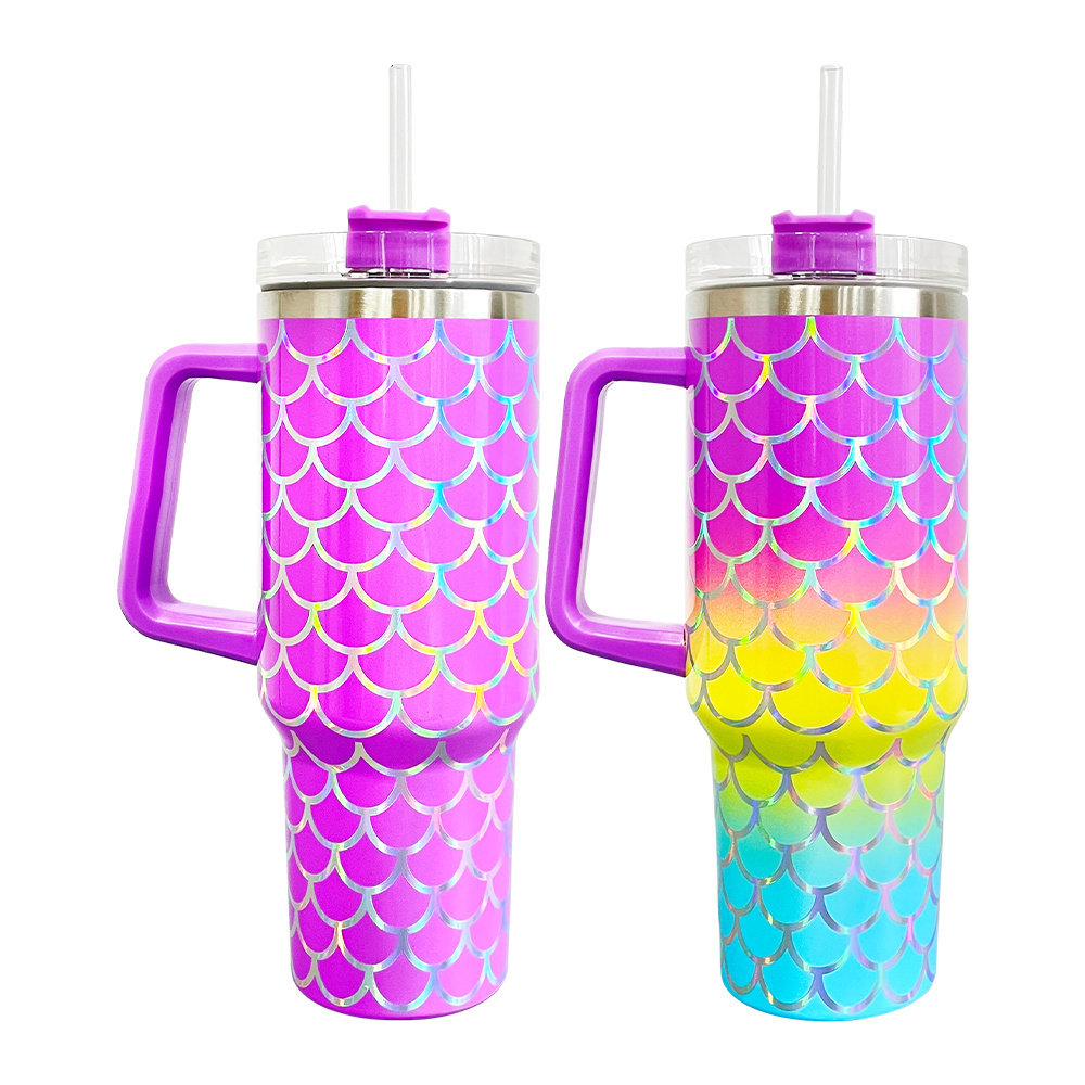 USA warehouse Wholesale double walled stainless steel tumbler 40oz holographic fish scales print travel mug with straw