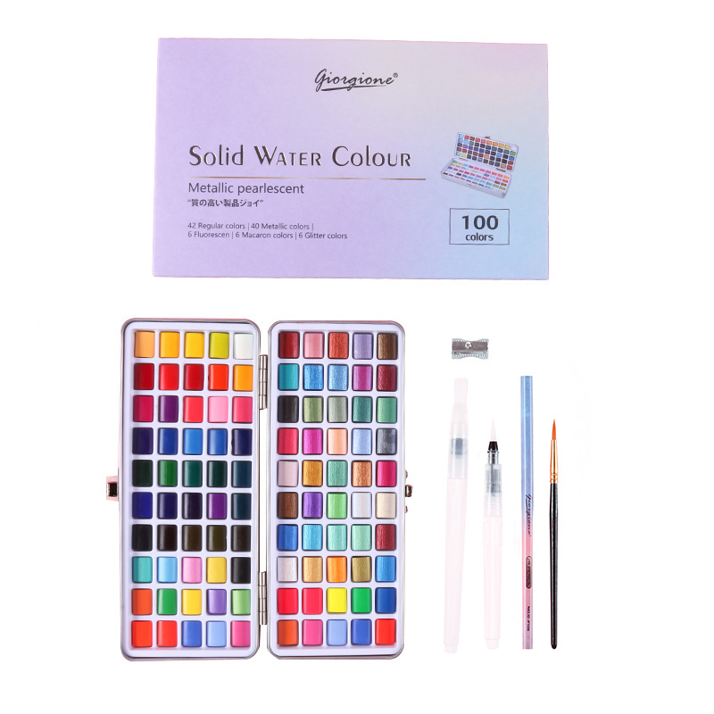 New Glitter Metallic Watercolor Paint Set of 50 72 90 100 Tin Box with Water Brush and Nylon Hair Brush for Beginners