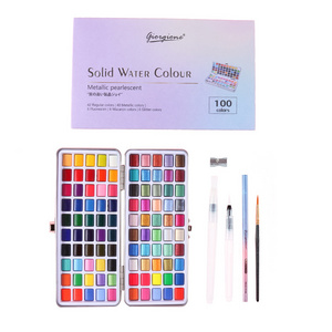 New Glitter Metallic Watercolor Paint Set of 50 72 90 100 Tin Box with Water Brush and Nylon Hair Brush for Beginners