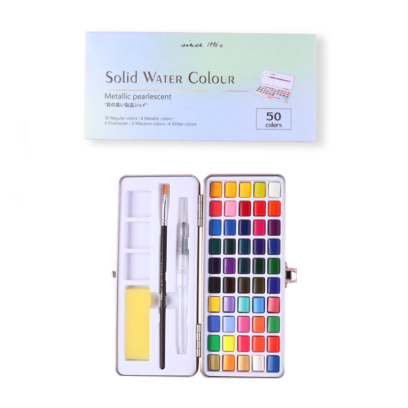 New Glitter Metallic Watercolor Paint Set of 50 72 90 100 Tin Box with Water Brush and Nylon Hair Brush for Beginners